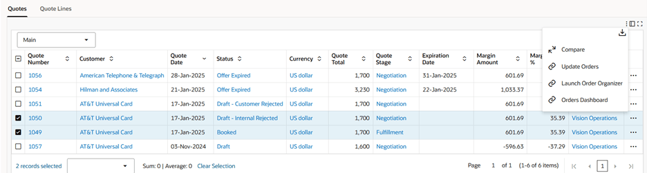 Quotes Tab Table-Level Actions