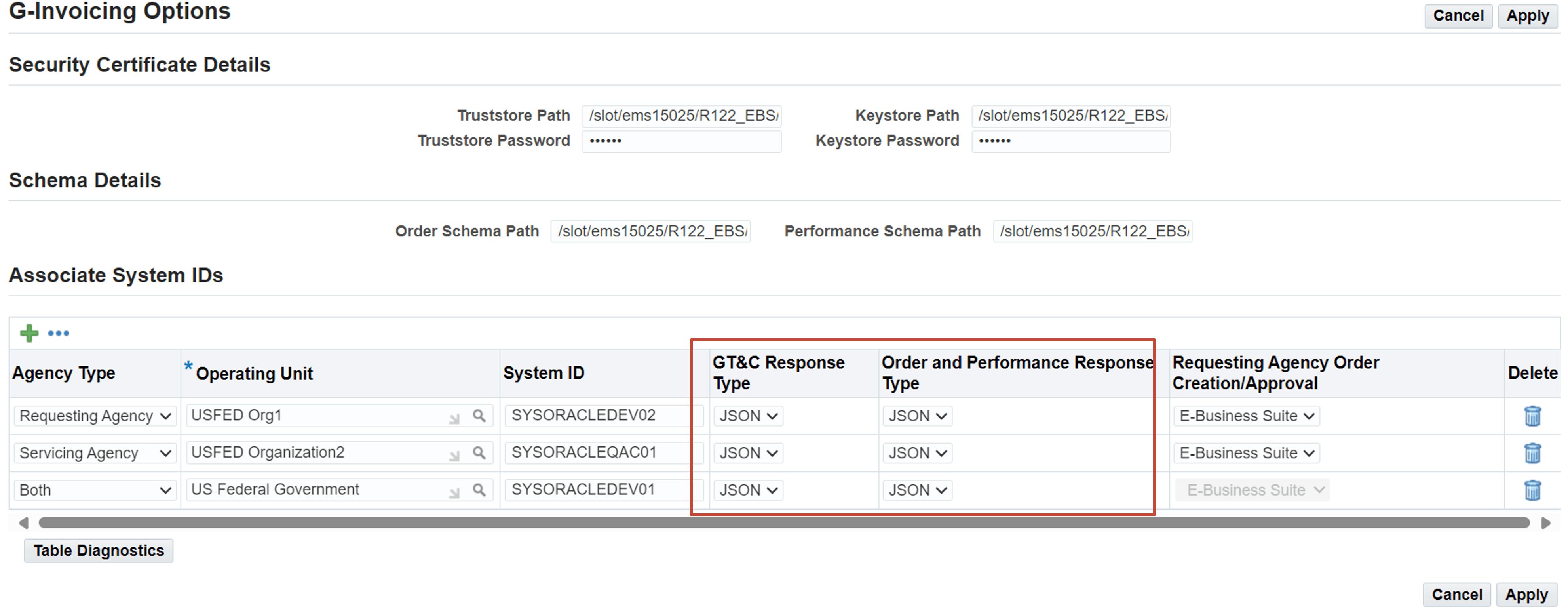 Setting JSON as response type in G-invoicing Options 