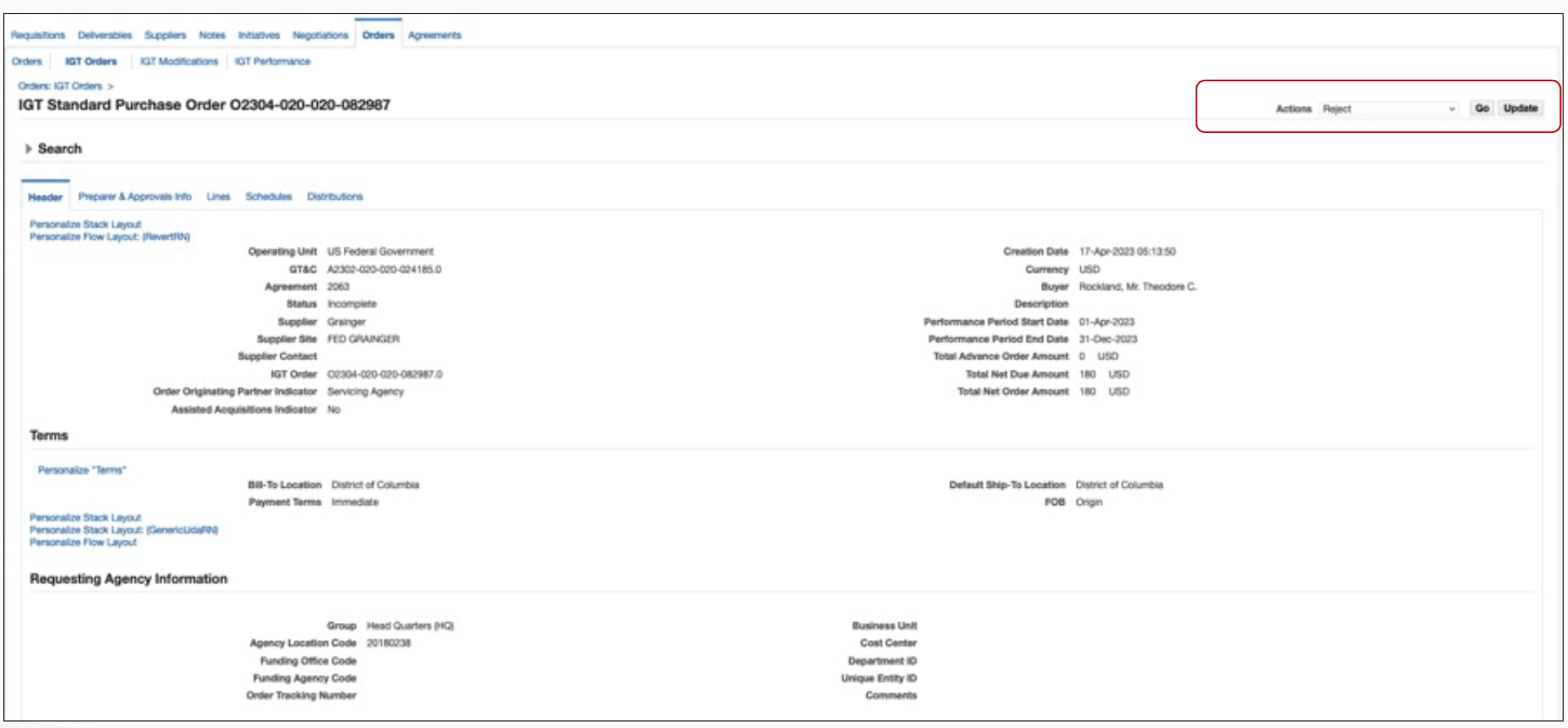 Selecting the Reject Action