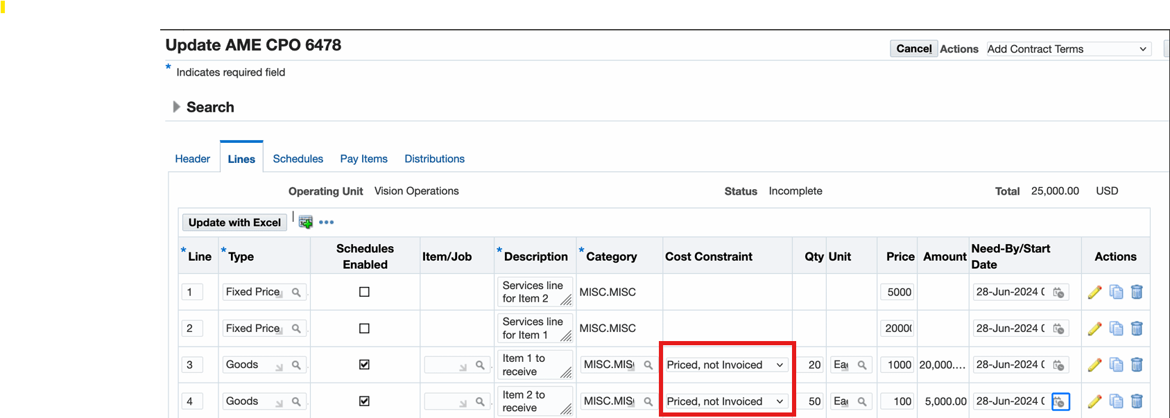 Priced, not Invoiced Constraint
