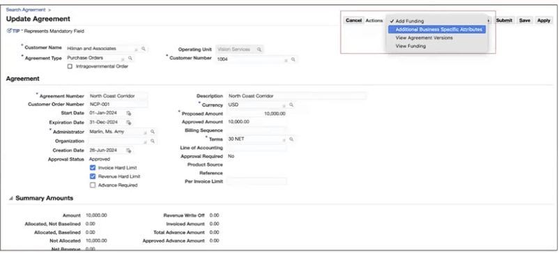 Review the Additional Business Specific Attributes option on Update Agreement