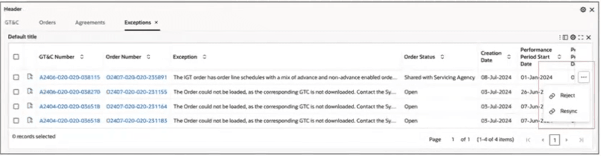 Exceptions Tab Actions