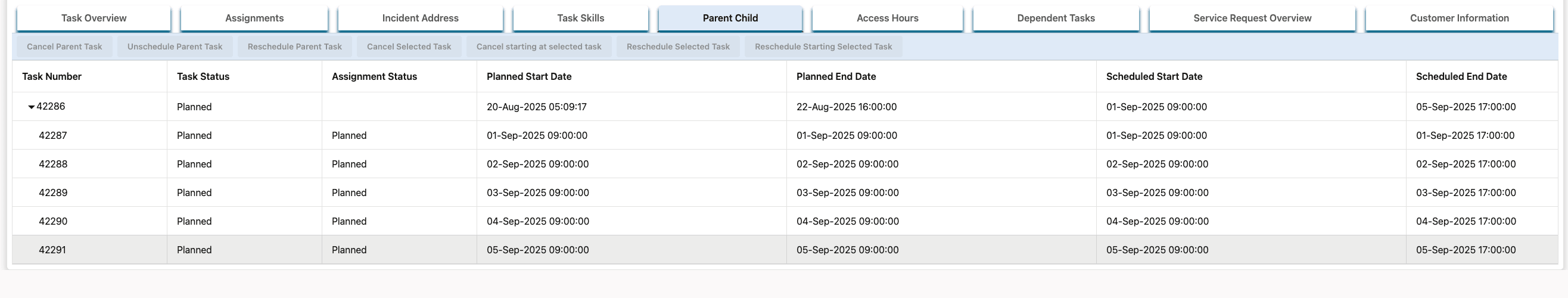 Tsk Details Parent and Child Tab