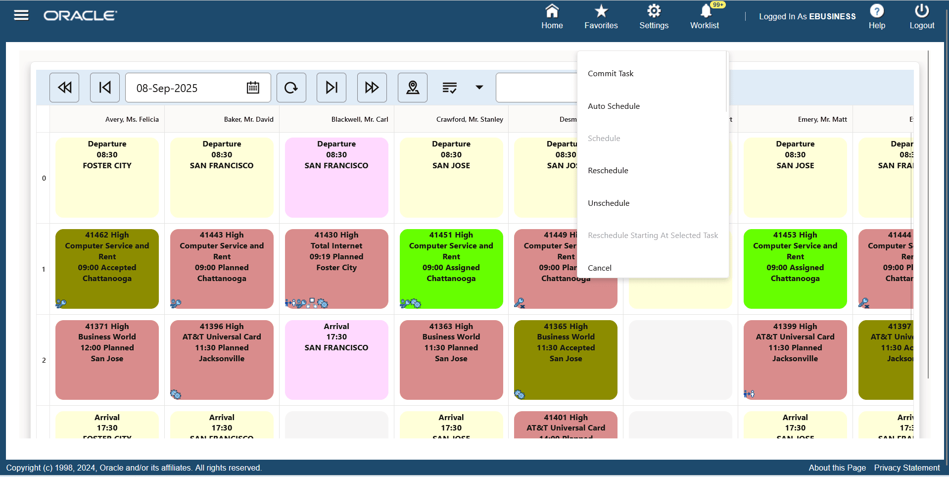 Planboard Task Right Click Menu