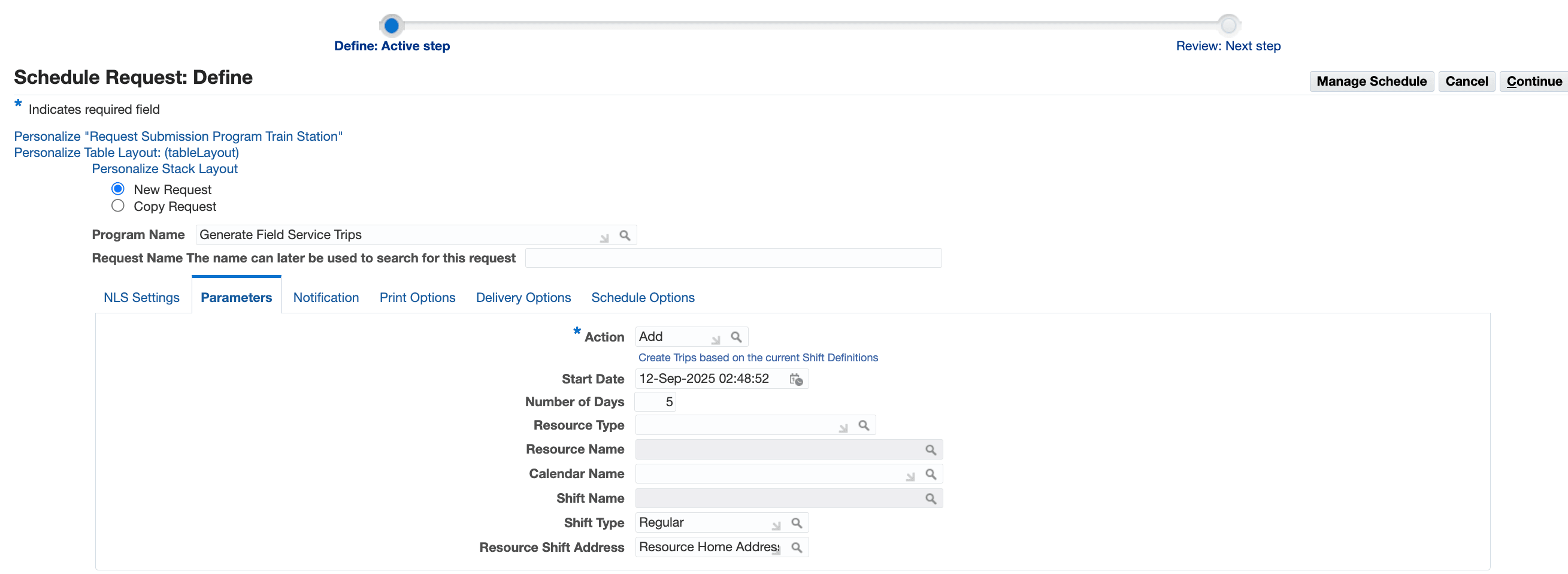 Schedule Request OA page