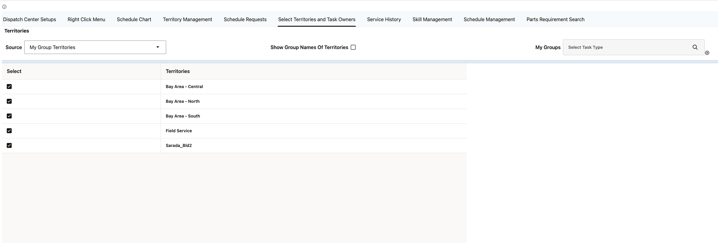 Select Territories and Task Owners
