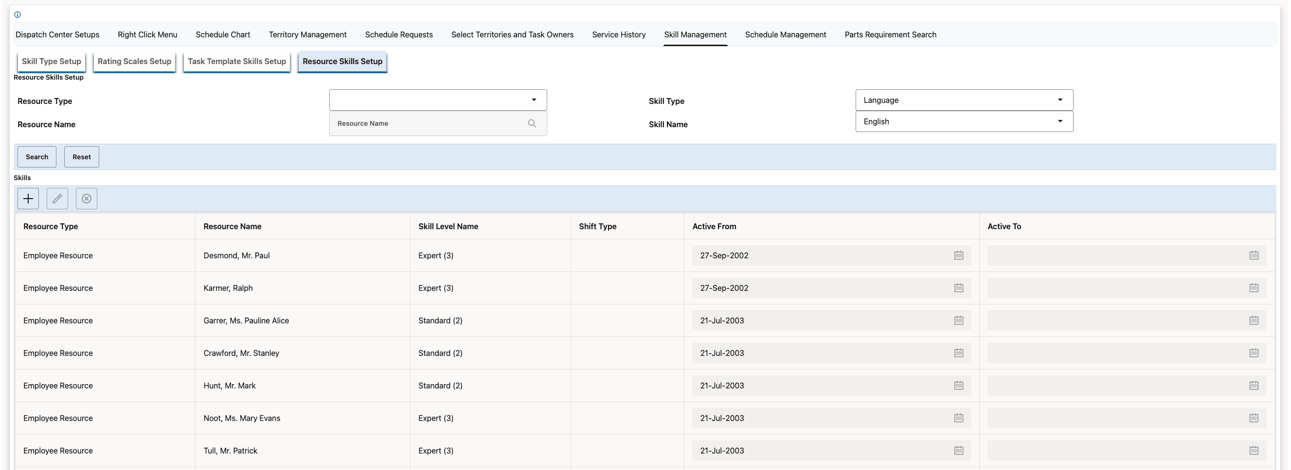 Resource Skills Setup UI