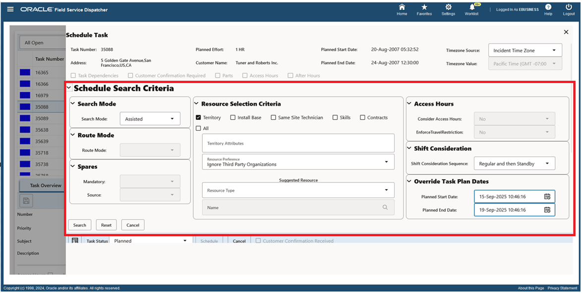 Override Schedule Search Criteria