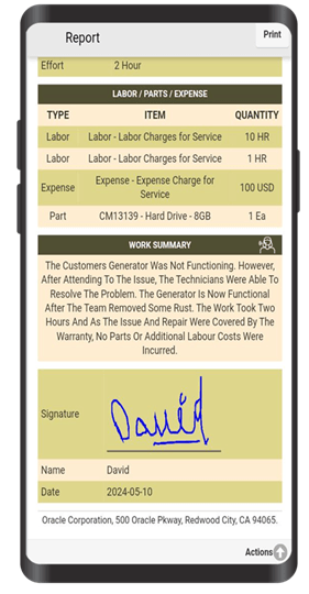 User saves the work summary generated by AI and accepts customer signature