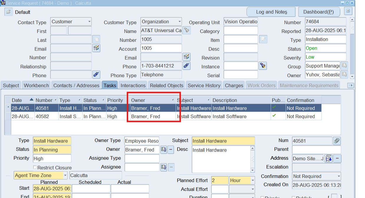 SR Creation and Task Deails