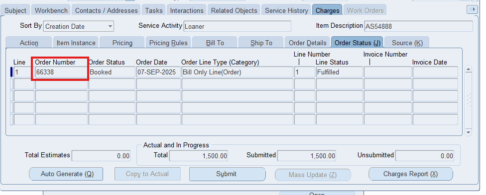 Order Detals in Charges