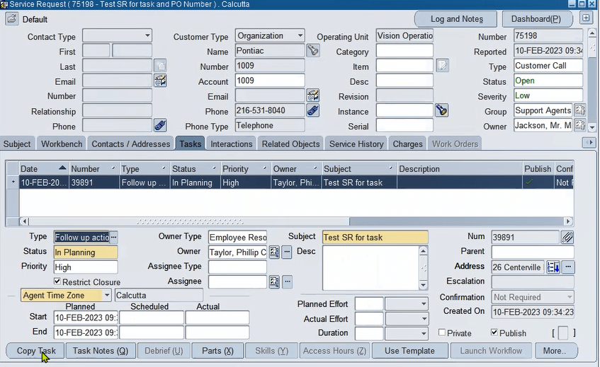 Service Request Window - Tasks Tab