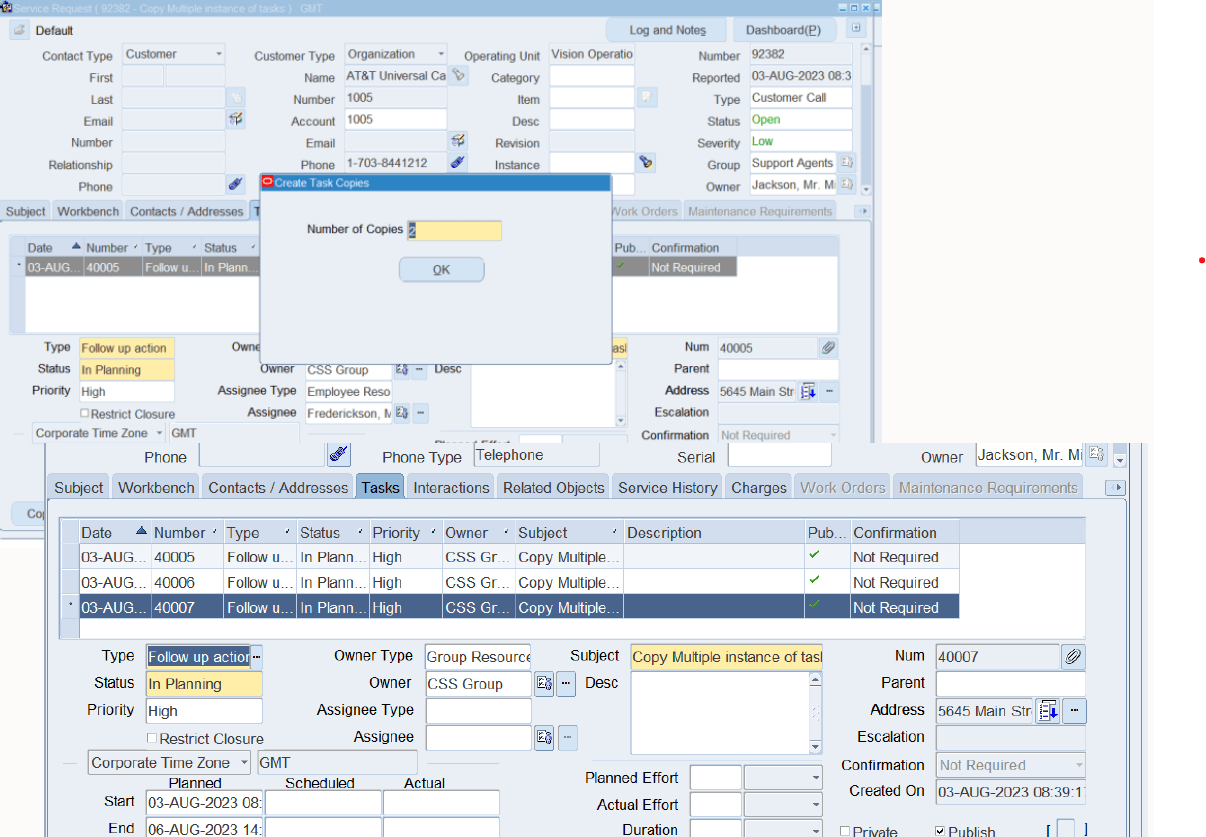 Create Task Copies Window