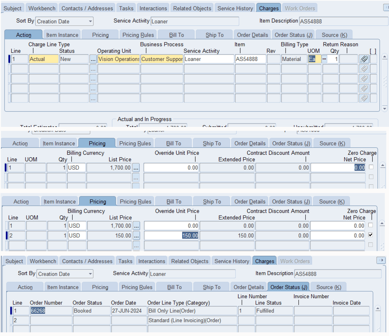 Service Request Window - Charge Lines