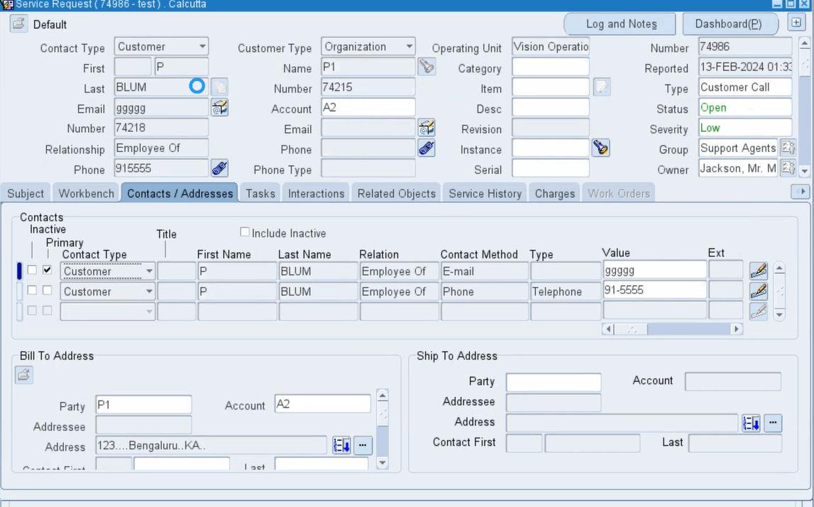 Screenshot of Service Request for Account A2 Before the Merge Run