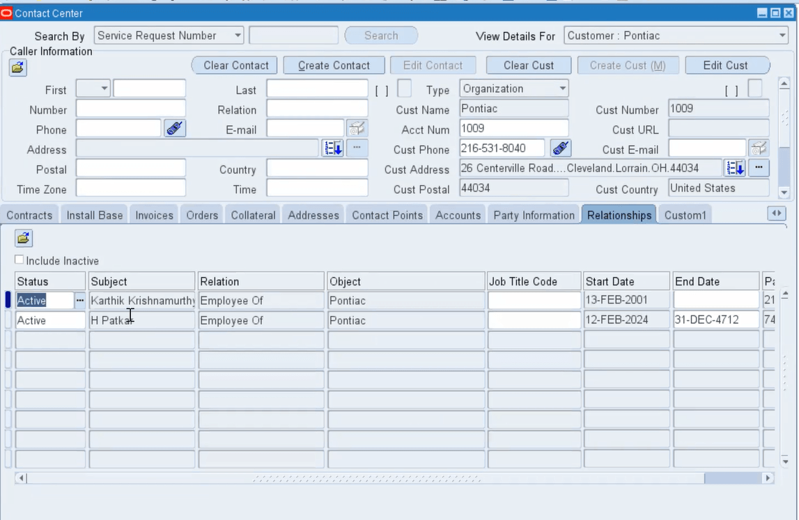 Screenshot of Relationships Tab of Account 1009 in Contact Center