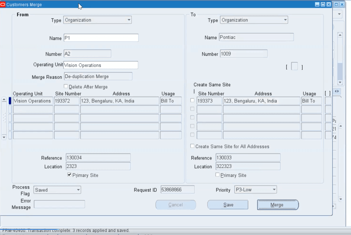 Screenshot of Merge of Customer Account A2 with Customer 1009