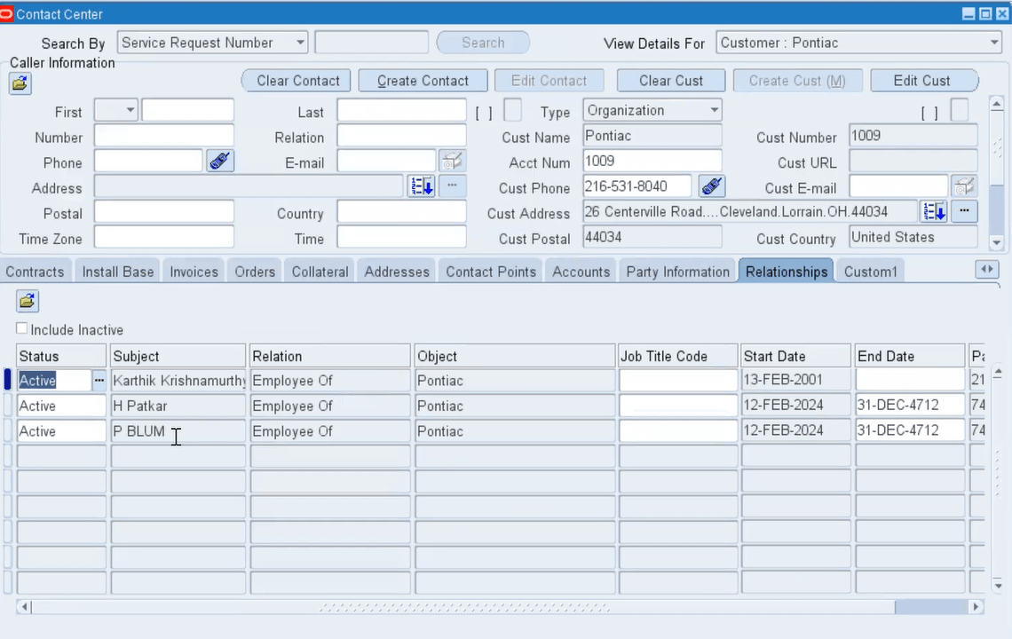 Screenshot of Contact of A2 Added to Account 1009 Post Merge Run - Contact Center Window