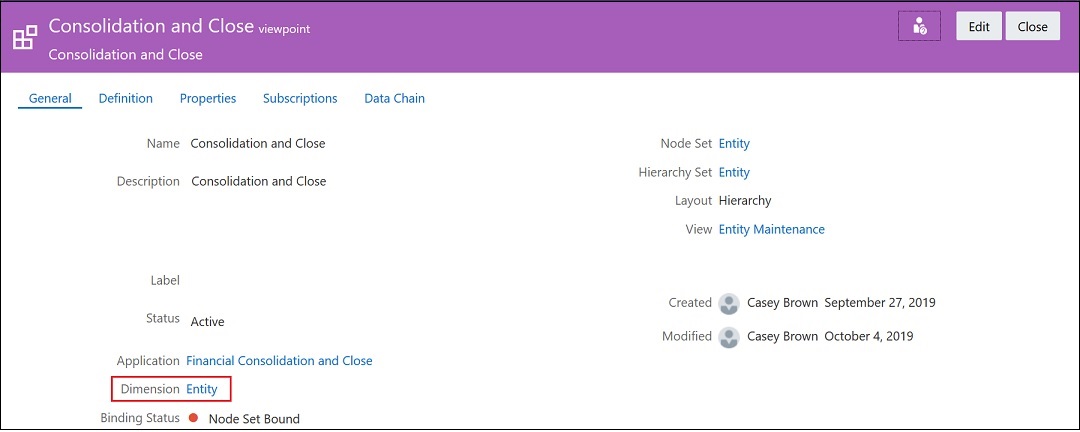 Consolidation and Close viewpoint with the Entity dimension selected Consolidation and Close viewpoint with the Entity dimension selected
