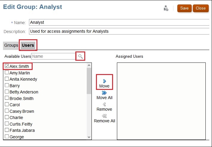 Edit Group: Analyst dialog box with Alex Smith selected under Users Edit Group: Analyst dialog box with Alex Smith selected under Users
