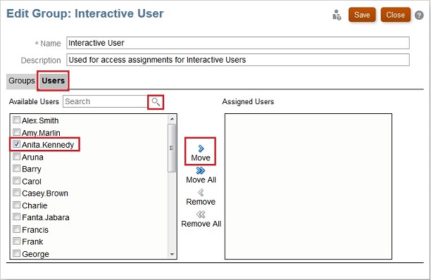 Edit Group: Interactive User dialog box with Anita Kennedy selected under Users Edit Group: Interactive User dialog box with Anita Kennedy selected under Users