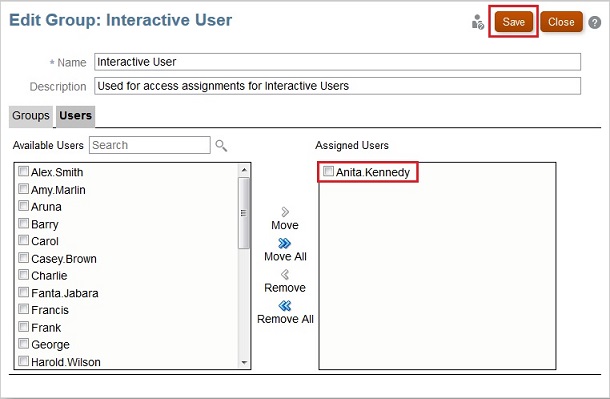 Edit Group: Interactive User dialog box with Anita Kennedy as an assigned user Edit Group: Interactive User dialog box with Anita Kennedy as an assigned user