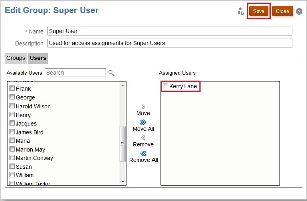 Edit Group: Super User dialog box with Kerry Lane as an assigned user Edit Group: Super User dialog box with Kerry Lane as an assigned user