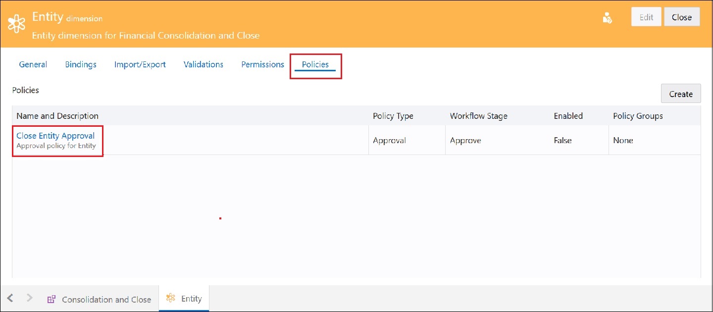 Entity dimension with Policies selected Entity dimension with Policies selected