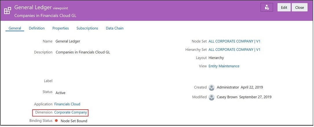 General Ledger viewpoint with the Corporate Company dimension selected General Ledger viewpoint with the Corporate Company dimension selected