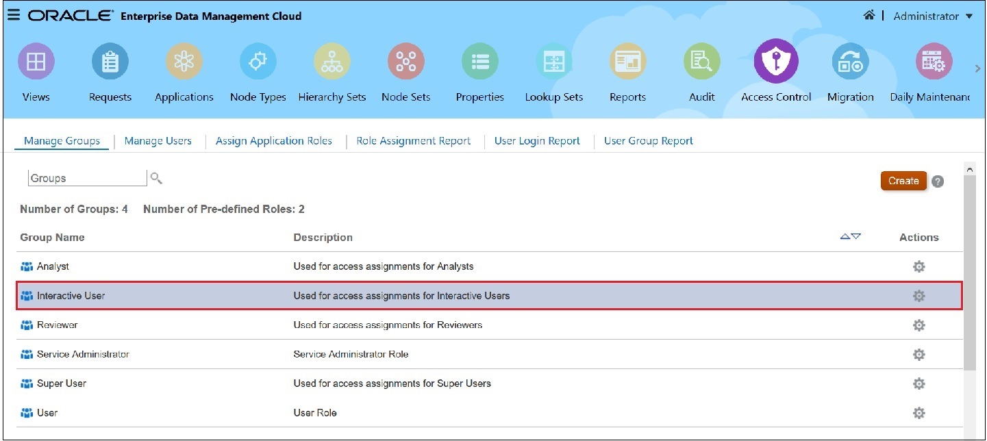 Access Control screen with the Interactive User group selected Access Control screen with the Interactive User group selected