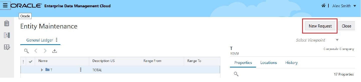 Entity Maintenance screen with New Request selected