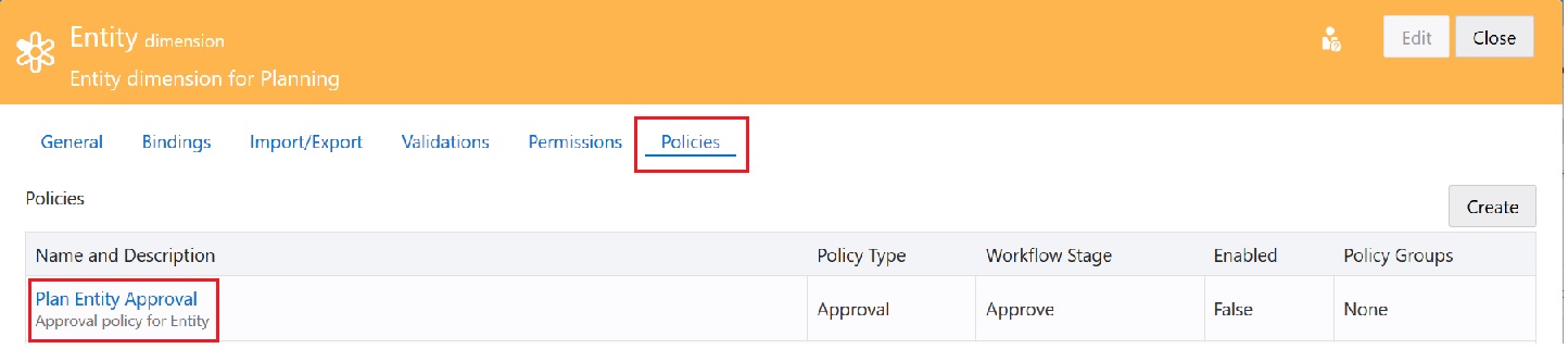 Entity dimension with Policies selected Entity dimension with Policies selected
