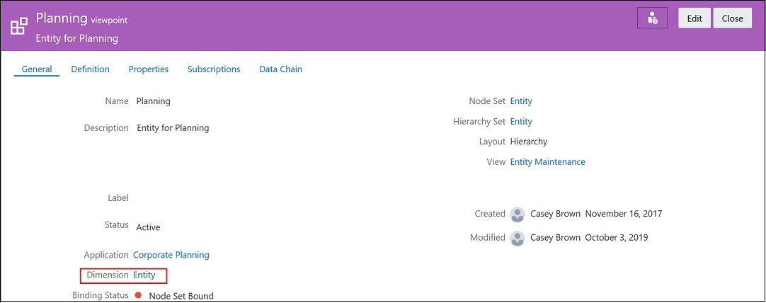 Planning viewpoint with the Entity dimension selected Planning viewpoint with the Entity dimension selected