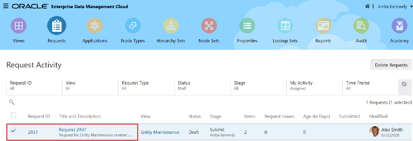 Request Activity screen with Anita's request selected
