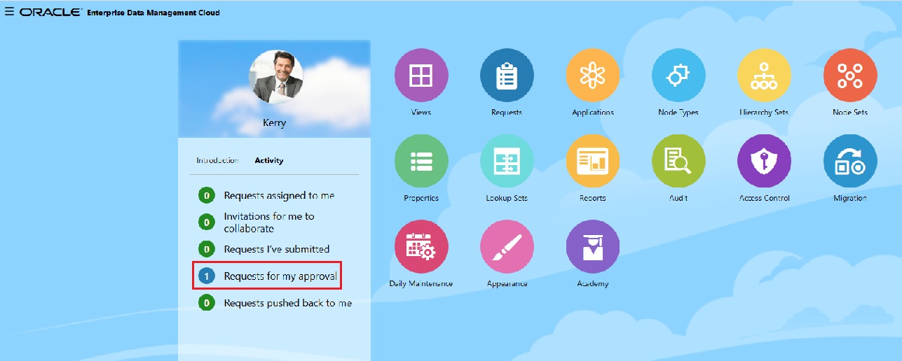 Oracle Enterprise Data Management Home page showing Kerry Lane's requests