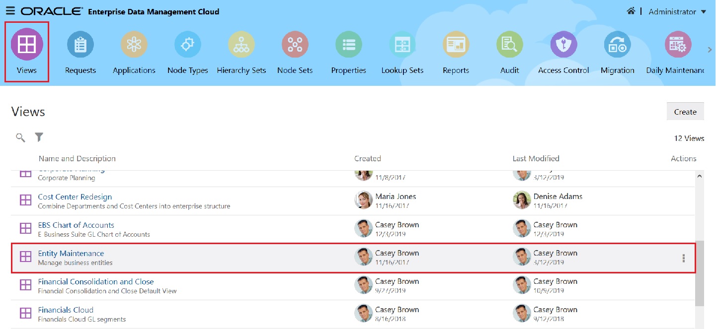 Views screen with the Entity Maintenance view selected Views screen with the Entity Maintenance view selected