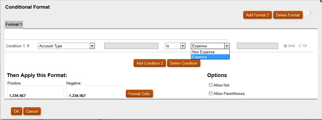 Example of Comparison Options Drop-Down List Box