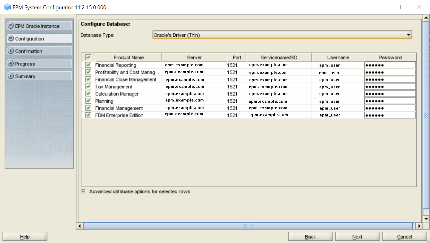 Configure Database screen of EPM System Configurator