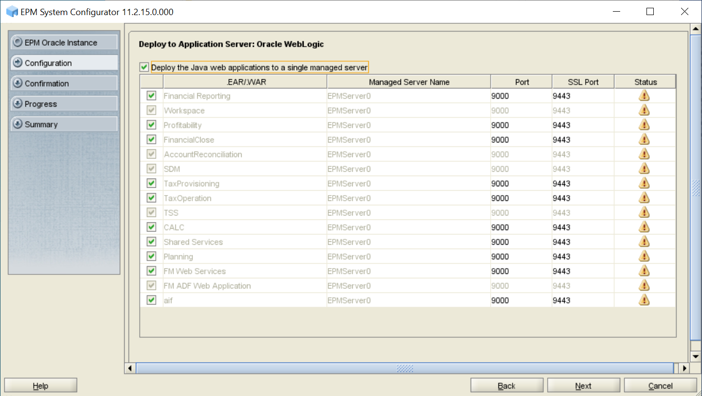 Deploy to Application Server: Oracle WebLogic screen of EPM System Configurator