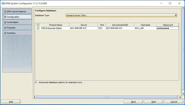 Configure Database screen of EPM System Configurator