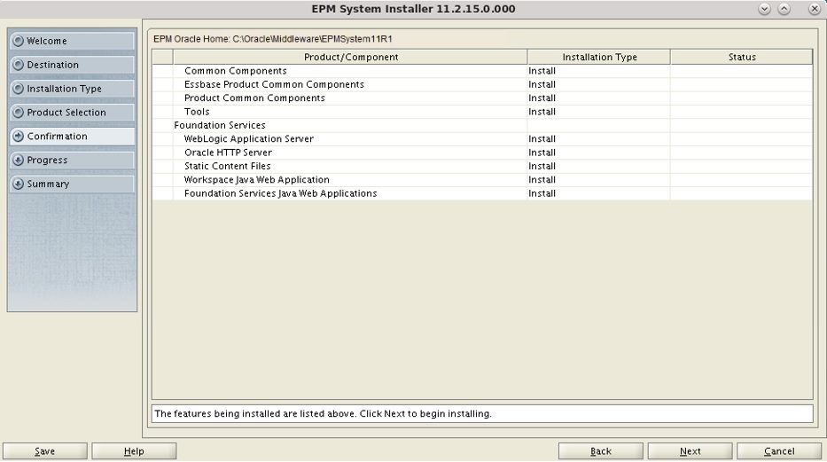 EPM System Installer Confirmation screen