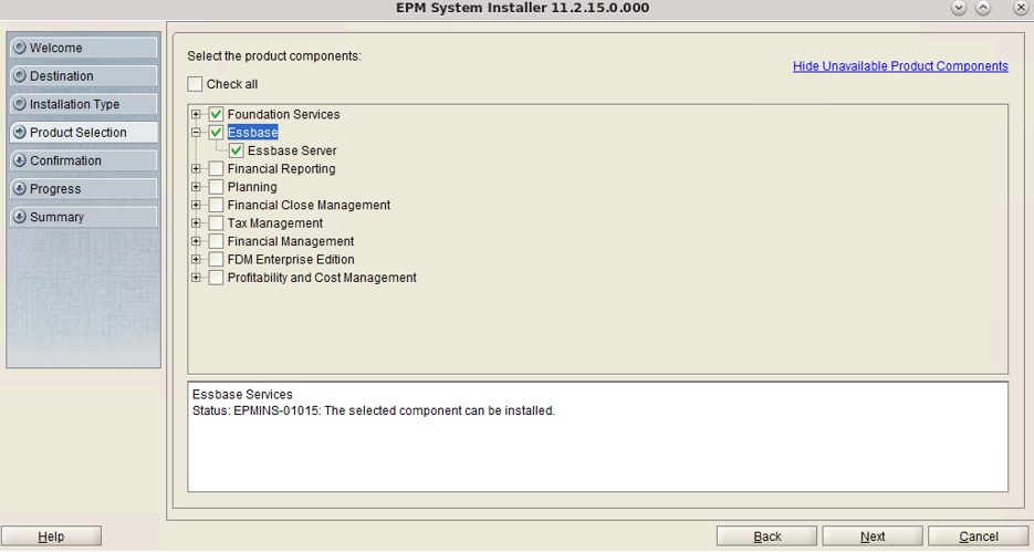 EPM System installer Product Selection screen