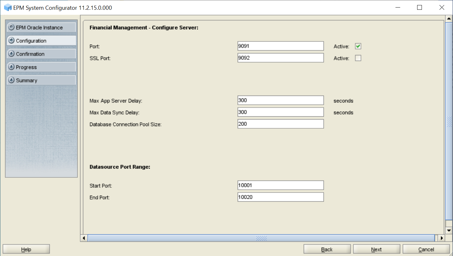 Financial Management - Configure Server screen of EPM System Configurator