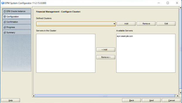 Financial Management - Configure Cluster screen of EPM System Configurator