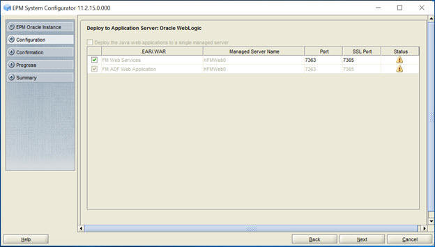 Deploy to Application Server: Oracle WebLogic screen of EPM System Configurator