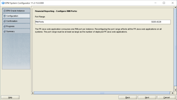 Financial Reporting - Configure RMI Ports screen of EPM System Configurator