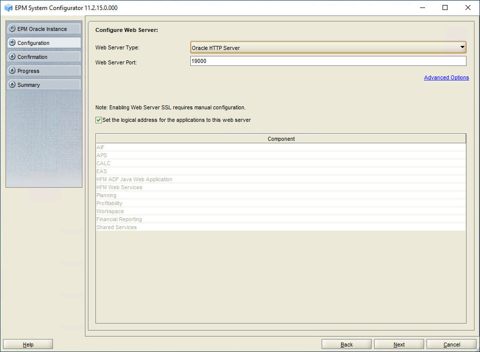 Configure Web Server screen of EPM System Configurator