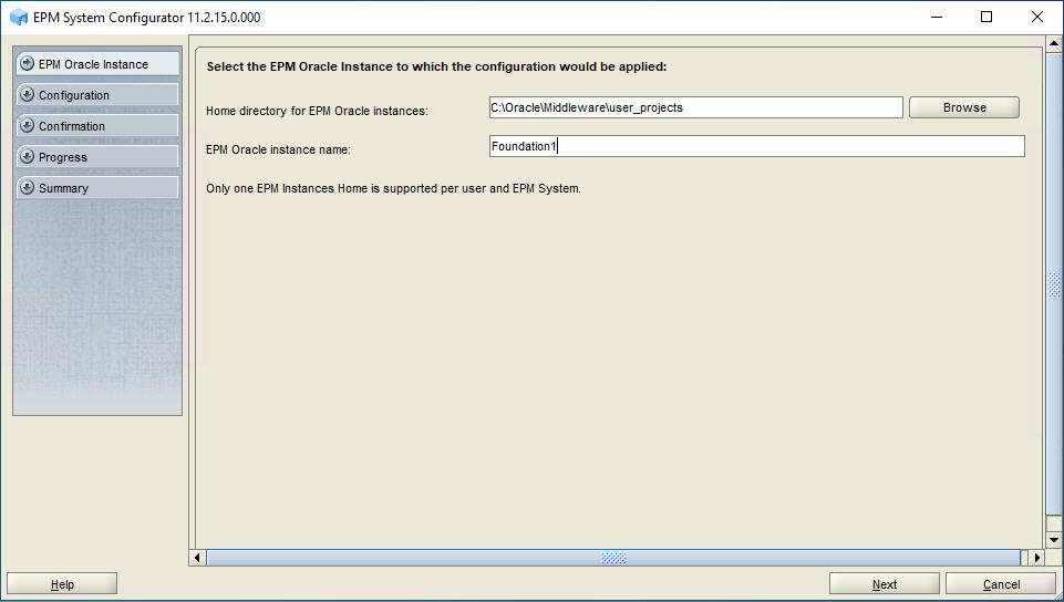 EPM Oracle Instance screen of EPM System Configurator