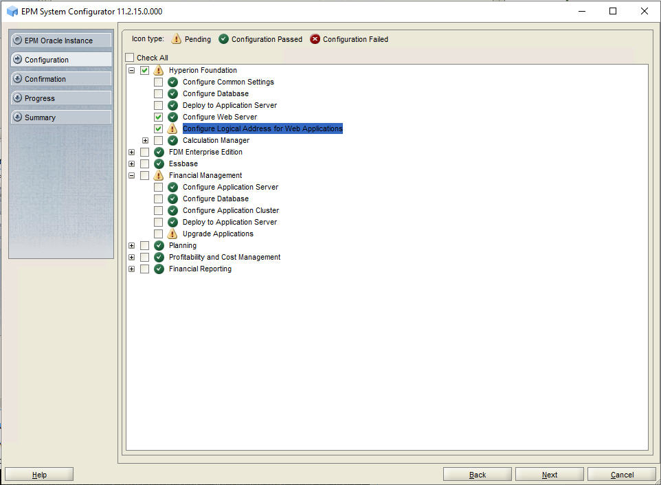 Configure screen of EPM System Configurator