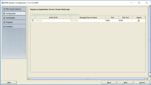 Deploy to Application Server: Oracle WebLogic screen of EPM System Configurator